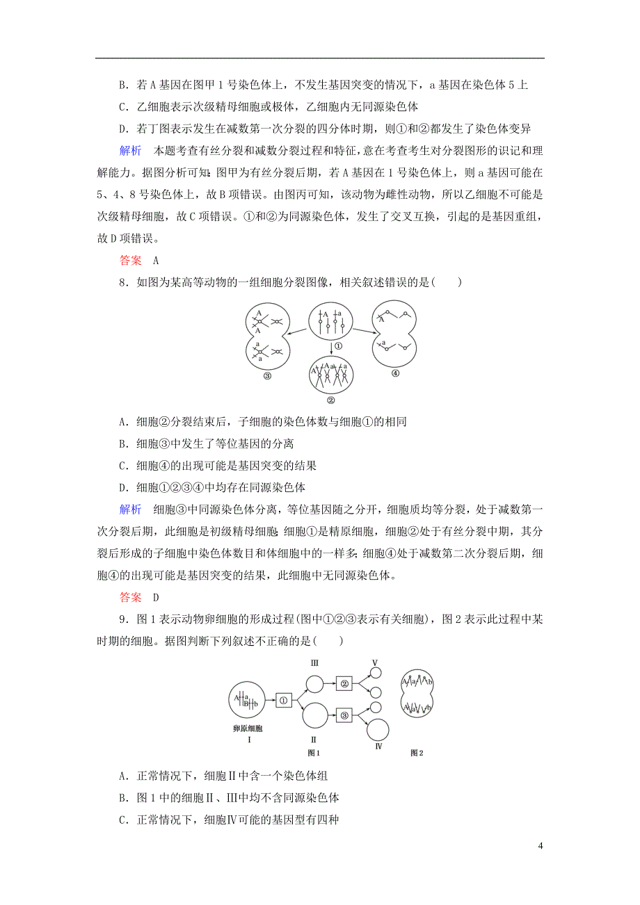 高考生物一轮复习 第13讲 减数分裂与受精作用计时双基练 新人教版必修1_第4页