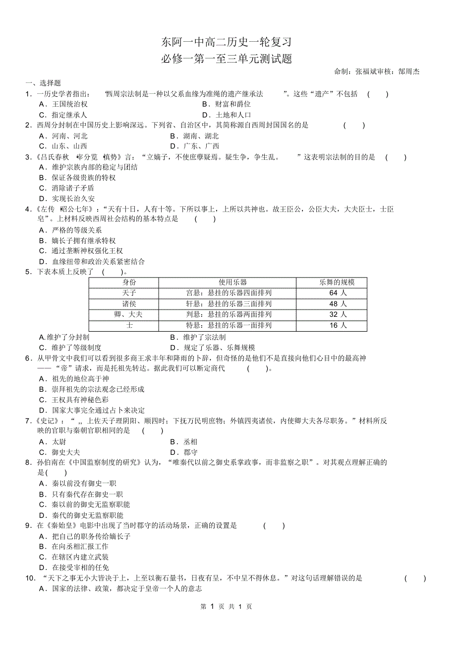 东阿一中高二历史一轮复习必修一第一至三单元测试题【学生版】_第1页