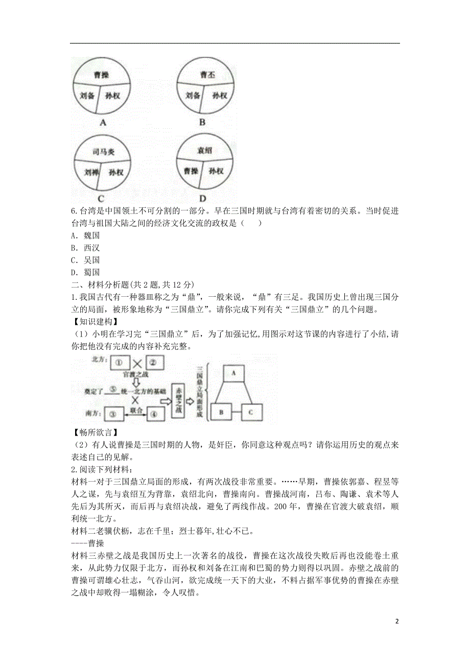 河南省商丘市永城市龙岗镇七年级历史上册 第四单元 三国两晋南北朝时期：政权分立与民族融合 第16课《三国鼎立》课时达标1（无答案） 新人教版_第2页