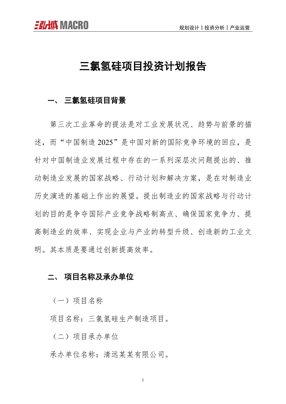 三氯氢硅项目投资计划报告_第1页