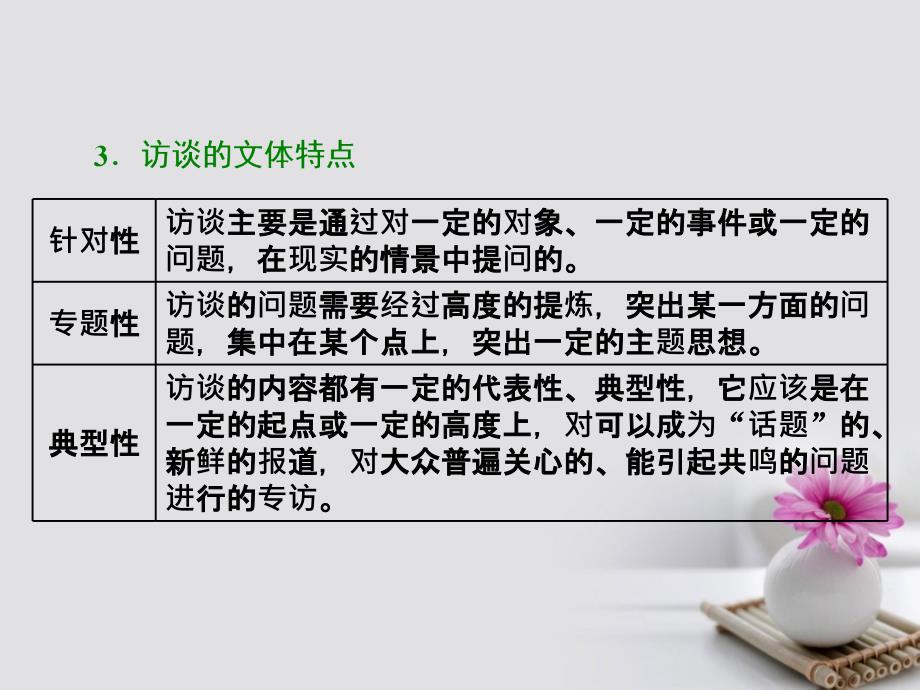 2018年高考语文一轮复习_第一板块_现代文阅读 专题五 实用类文本阅读（二）新闻（含访谈）第4讲 访谈阅读的3大特色题型课件 新人教版_第3页