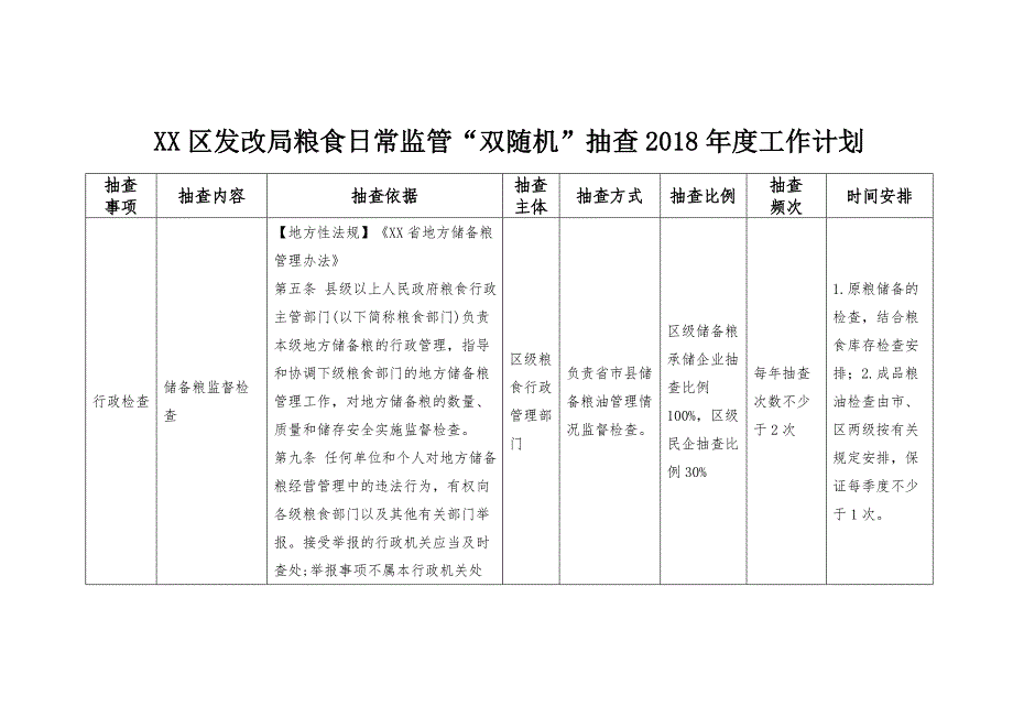 XX区发改局粮食日常监管“双随机”抽查2018年度工作计划_第1页