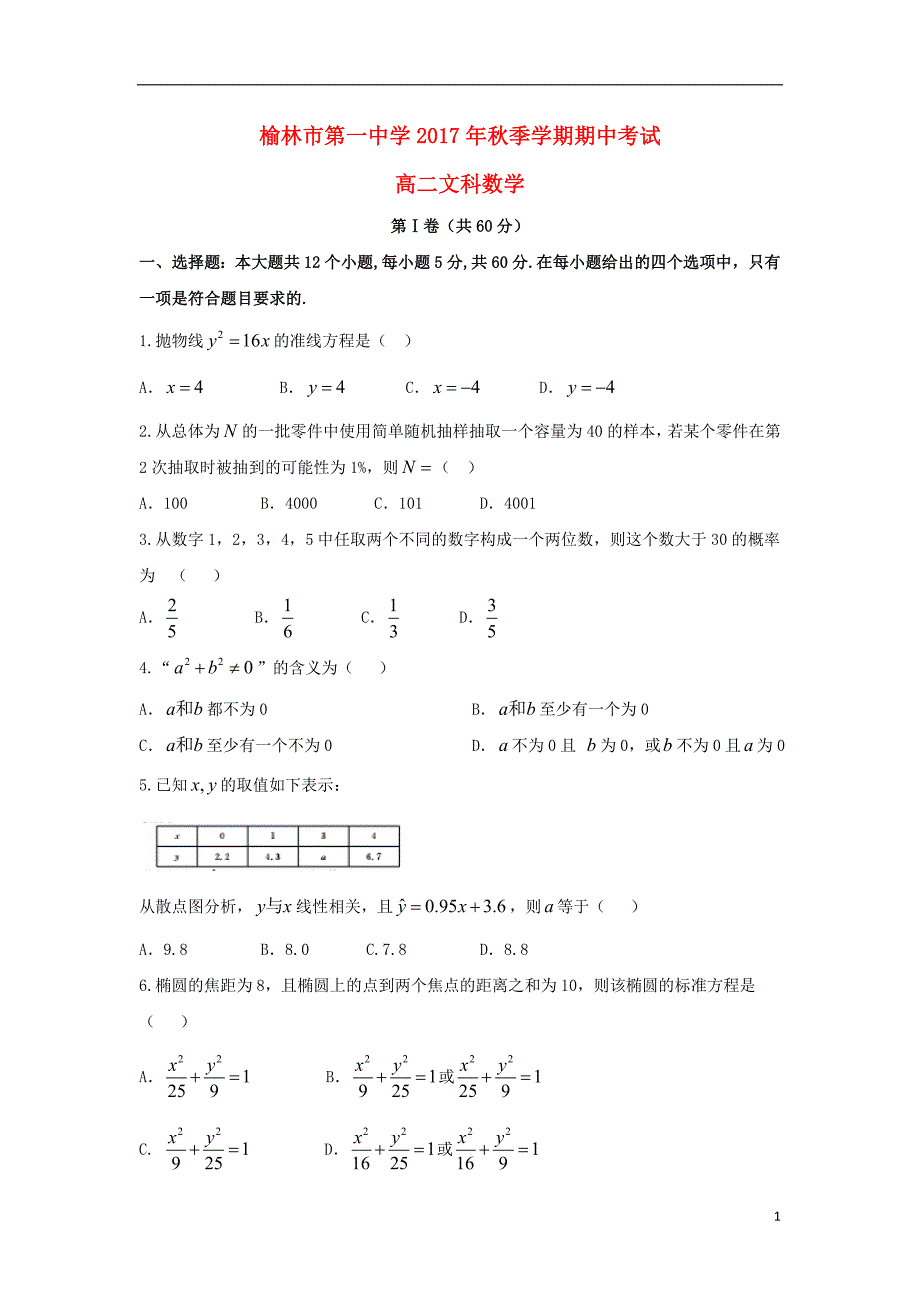 陕西省榆林市第一中学2017-2018学年高二数学上学期期中试题 文_第1页