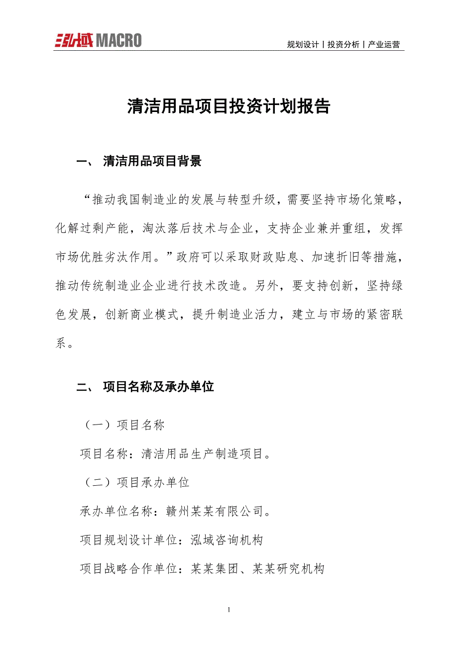 清洁用品项目投资计划报告_第1页