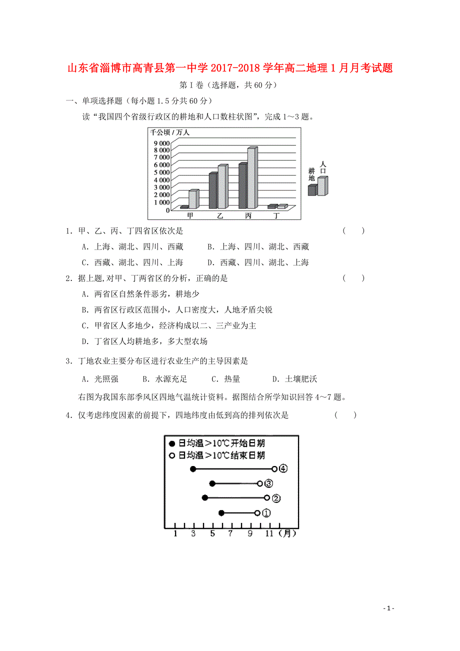 山东省淄博市高青县第一中学2017-2018学年高二地理1月月考试题_第1页