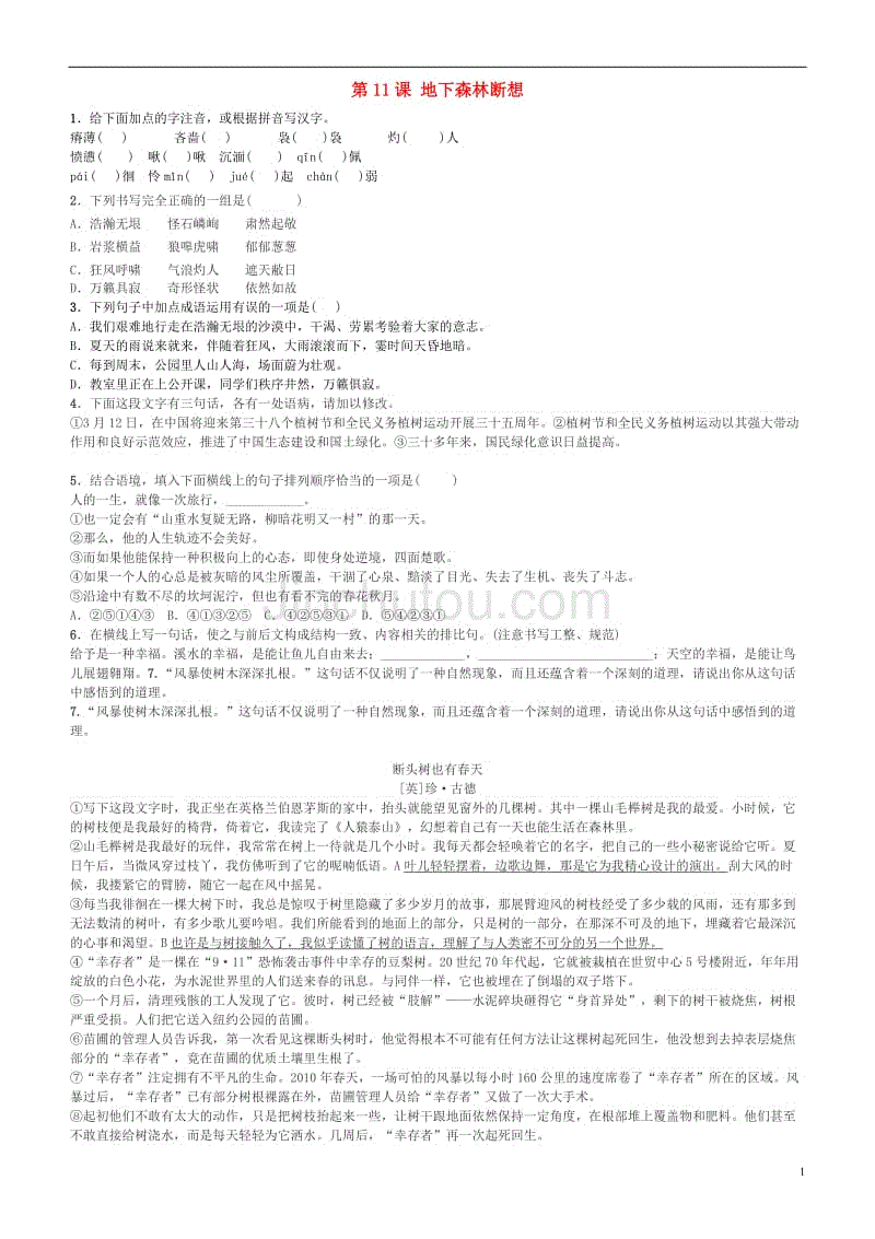 九年级语文下册 第三单元 第11课《地下森林断想》同步测试题 新人教版1