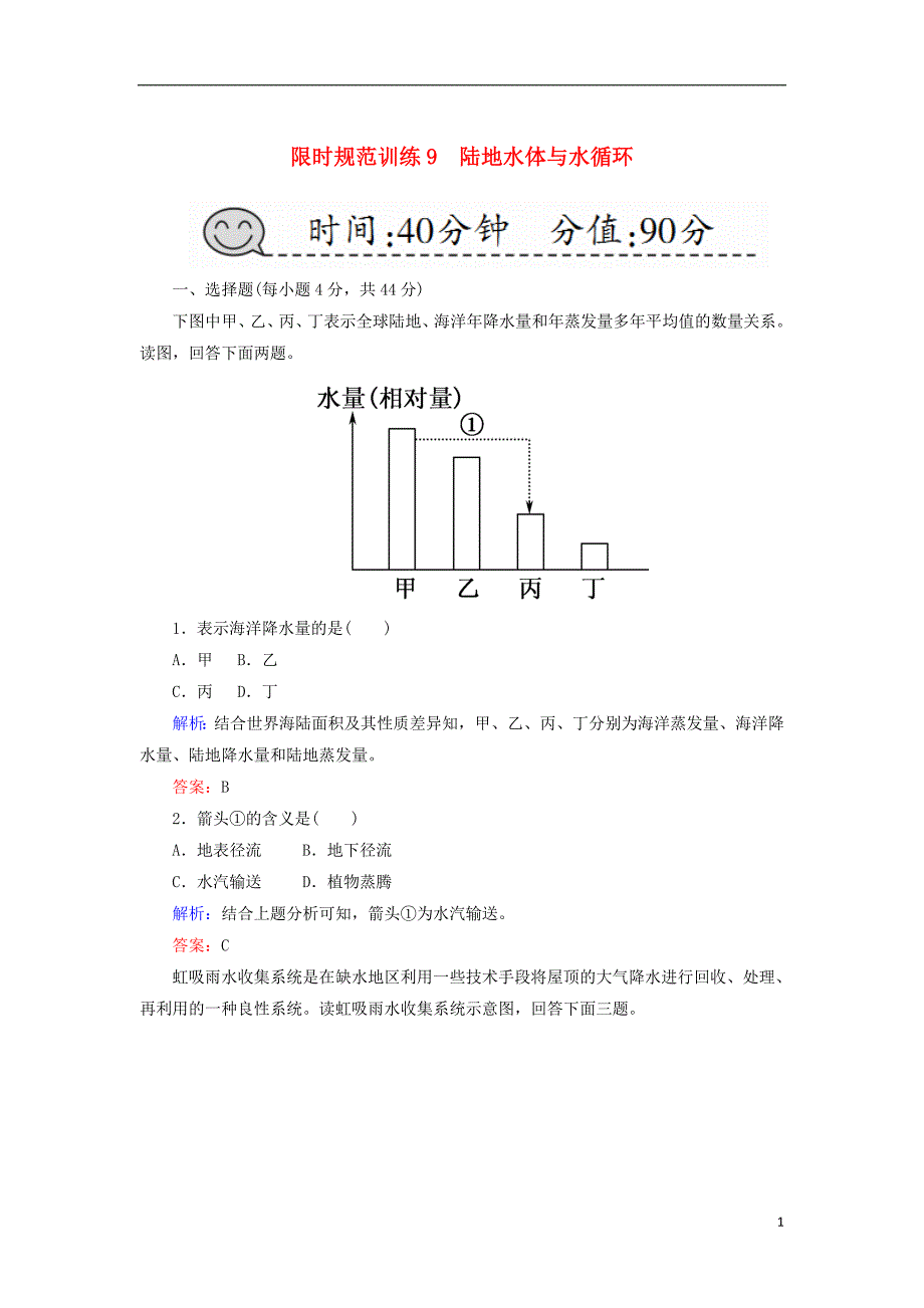 2019届高考地理一轮复习 限时规范训练9 陆地水体与水循环_第1页