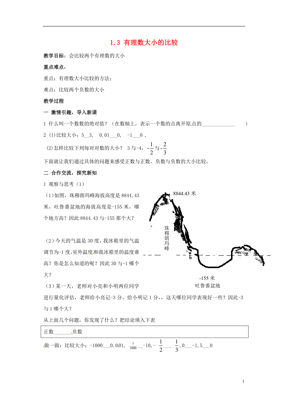 2018年秋七年级数学上册 第1章 有理数 1.3 有理数大小的比较教案2 （新版）湘教版_第1页