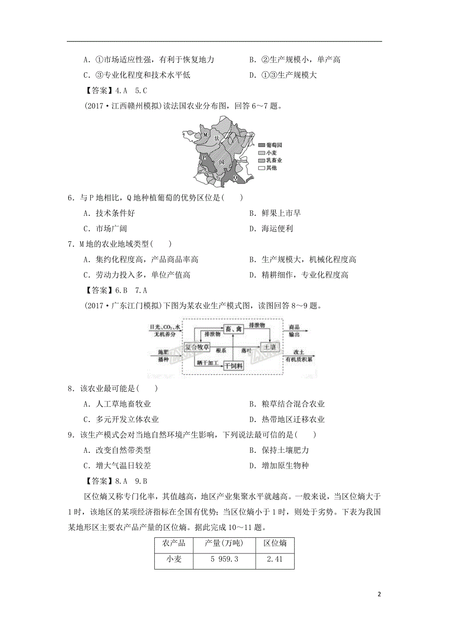 2019年高考地理一轮复习 知识点同步练习卷 农业地域类型 新人教版_第2页
