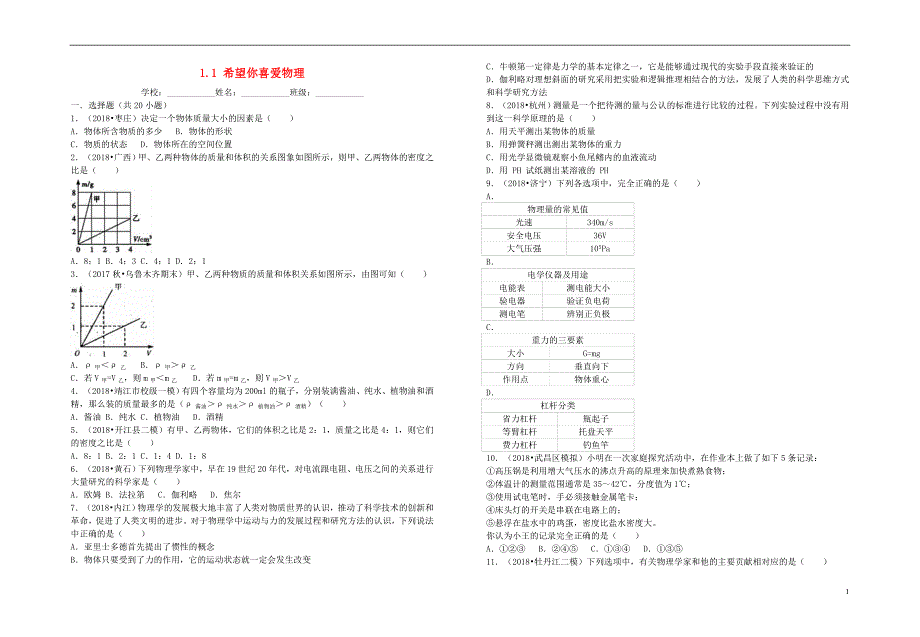 2018年八年级物理上册 1.1 希望你喜爱物理暑假一日一练 （新版）粤教沪版_第1页