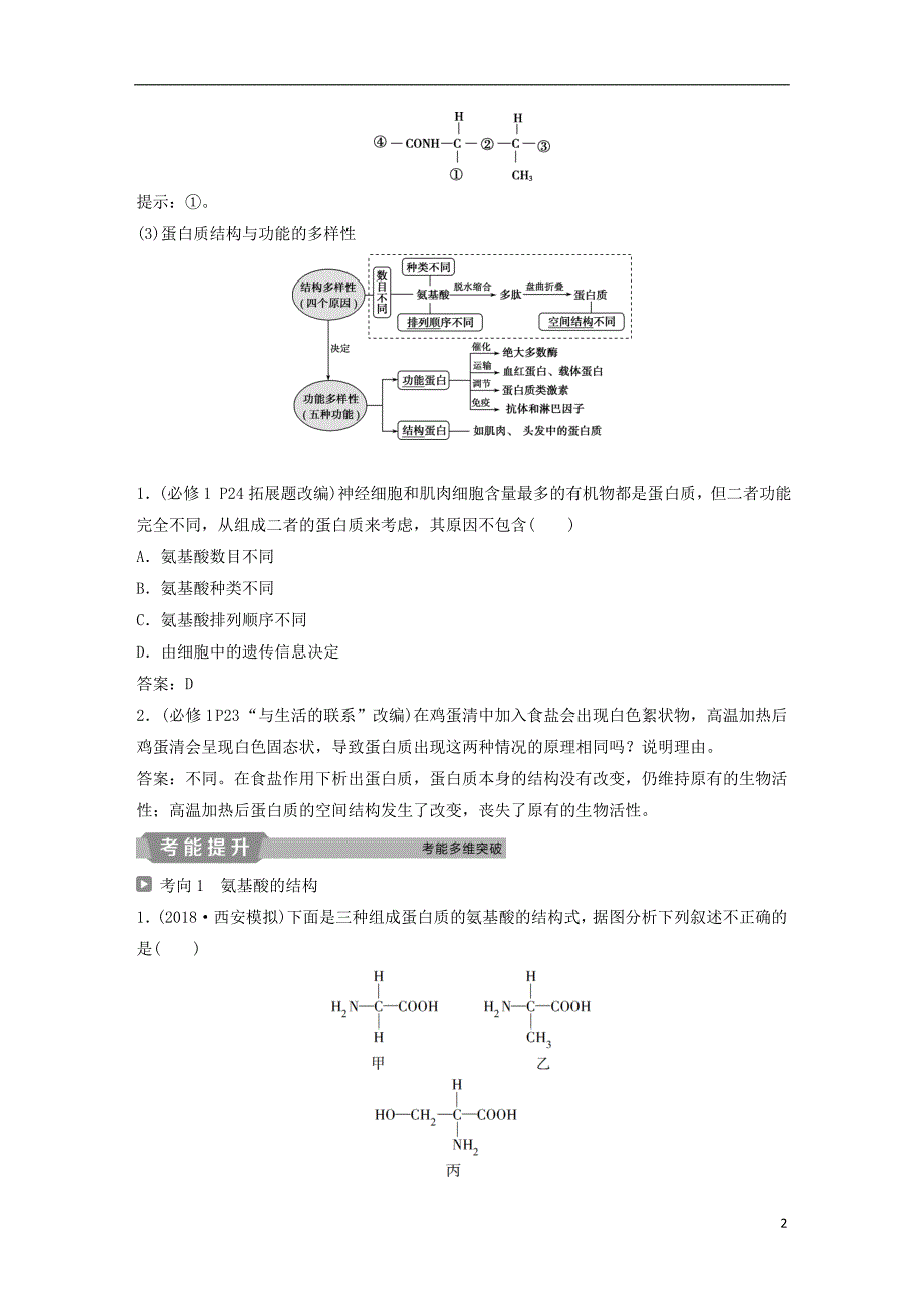 2019届高考生物一轮复习第一单元细胞的分子组成第3讲生命活动的主要承担者__蛋白质学案_第2页