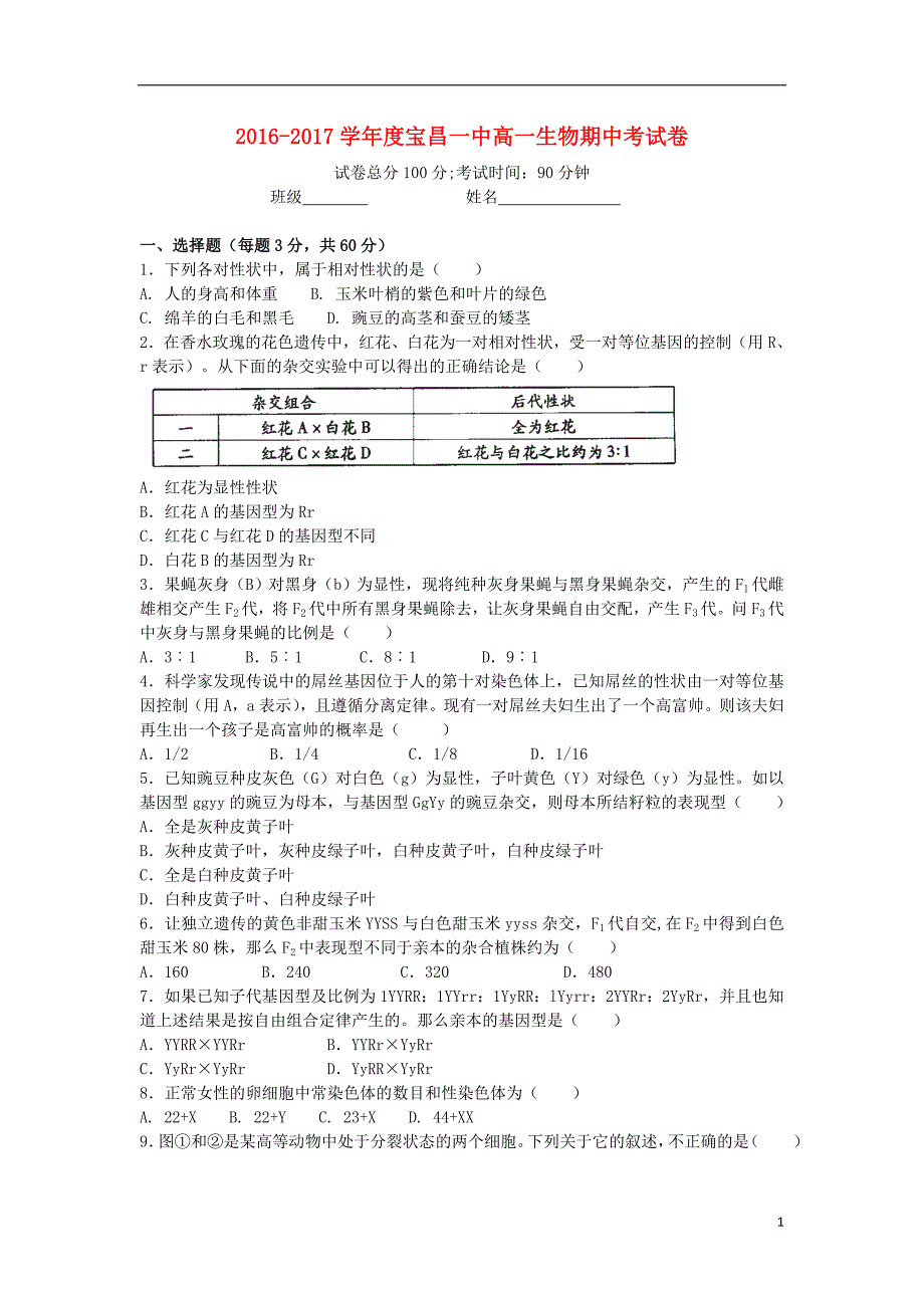 内蒙古太仆寺旗宝昌一中2016_2017学年高一生物下学期期中试题_第1页