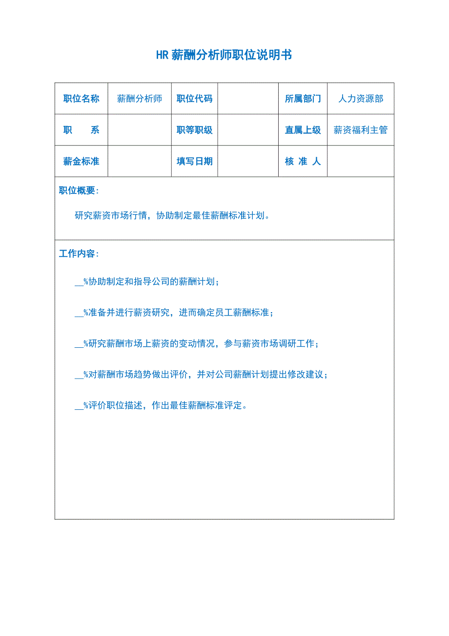 HR薪酬分析师职位说明书a_第1页