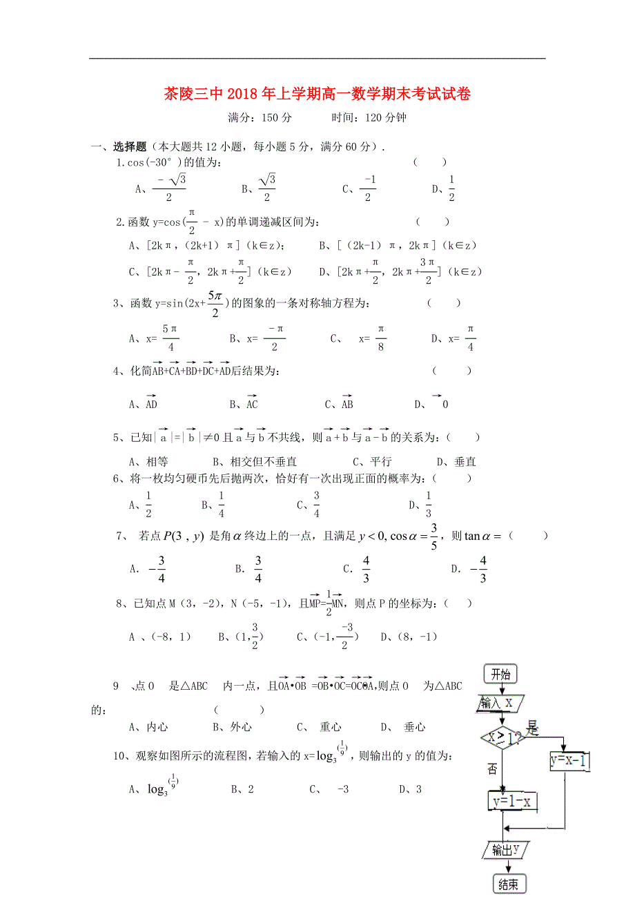 湖南省茶陵县三中2017_2018学年高一数学下学期期末考试试题_第1页