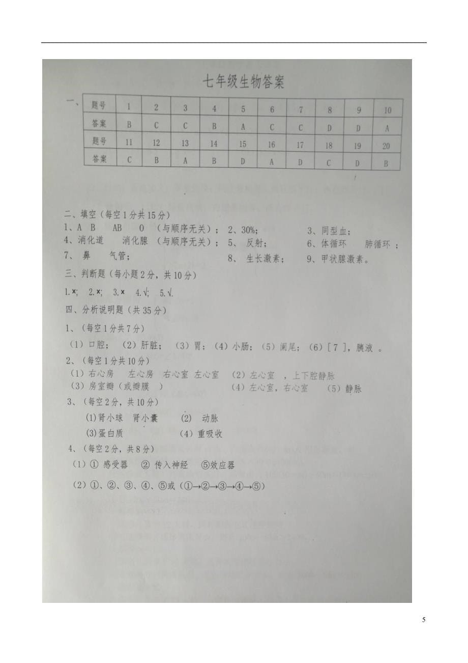 甘肃省庆阳市宁县2017-2018学年七年级生物下学期期末试题 新人教版_第5页