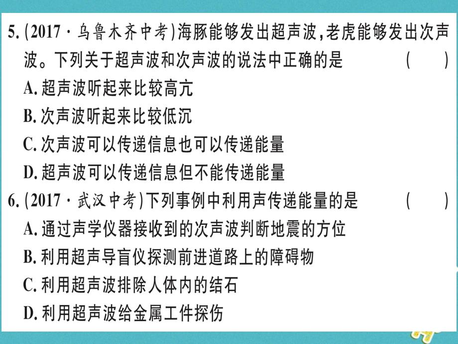 湖北省2018年八年级物理上册 第二章 专题2 超声波和次声波习题课件 （新版）新人教版_第4页