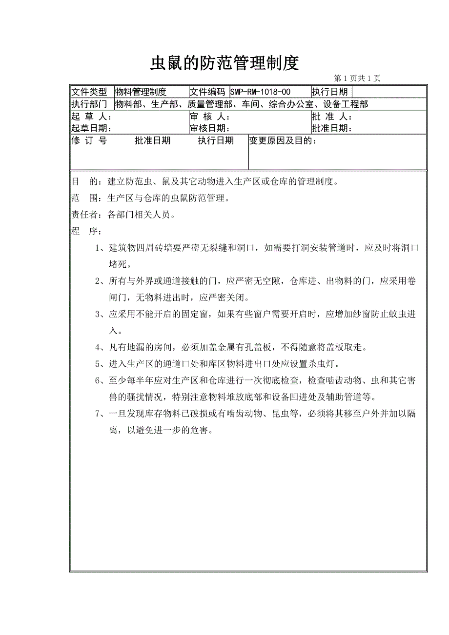GMP认证全套文件资料01-管理标准（SMP）06-物料管理标准（SMP-RM）18-虫鼠的防范管理制度_第1页