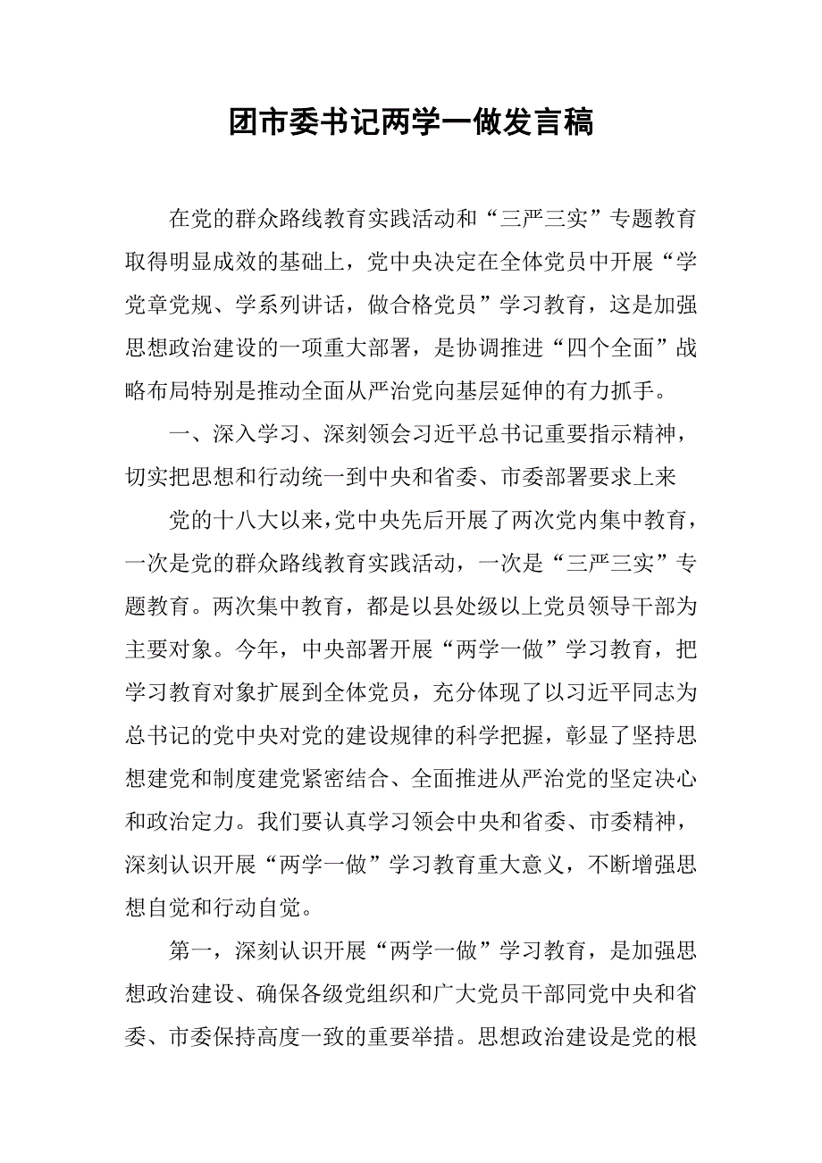 团市委书记两学一做发言稿.docx_第1页