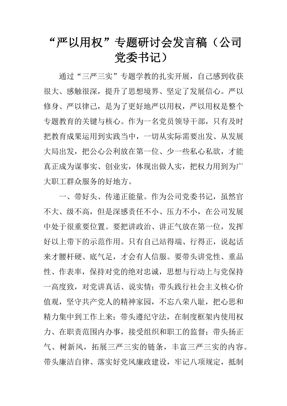 “严以用权”专题研讨会发言稿（公司党委书记）.docx_第1页
