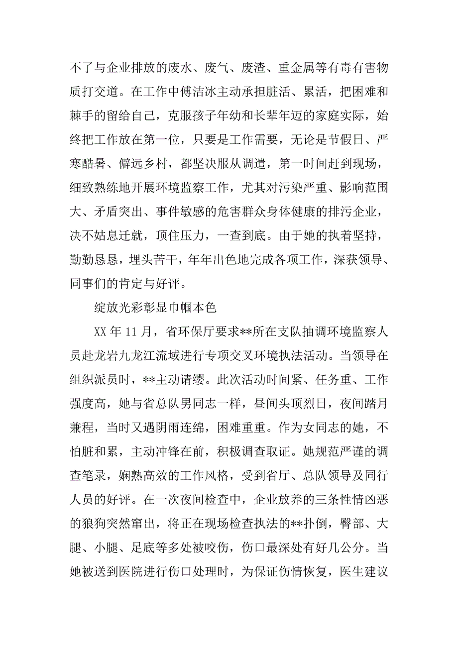 市环境监察支队巾帼标兵个人事迹材料.docx_第3页