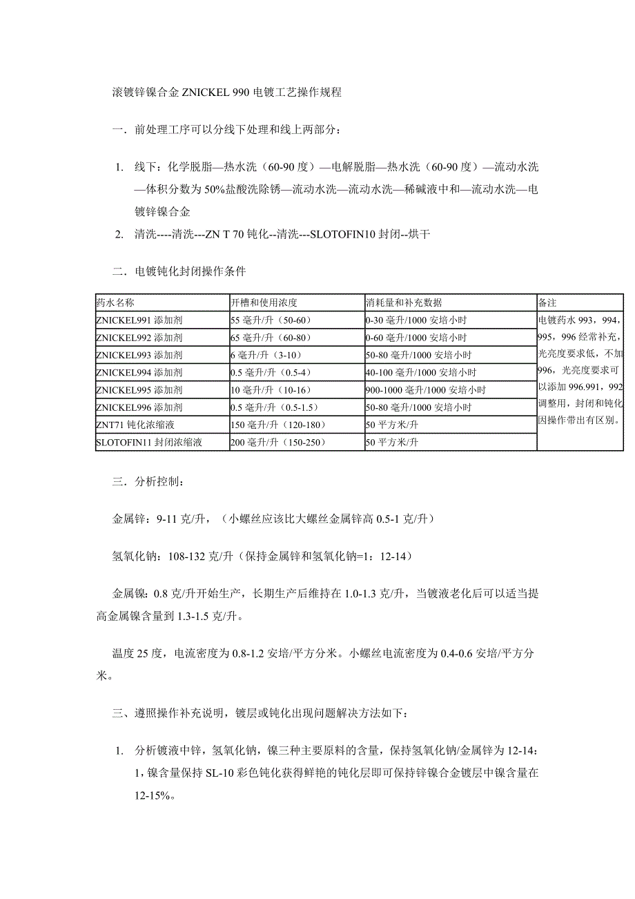 滚镀锌镍合金ZNICKEL 990电镀工艺操作规程_第1页
