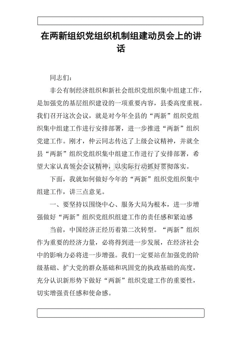 在两新组织党组织机制组建动员会上的讲话.docx