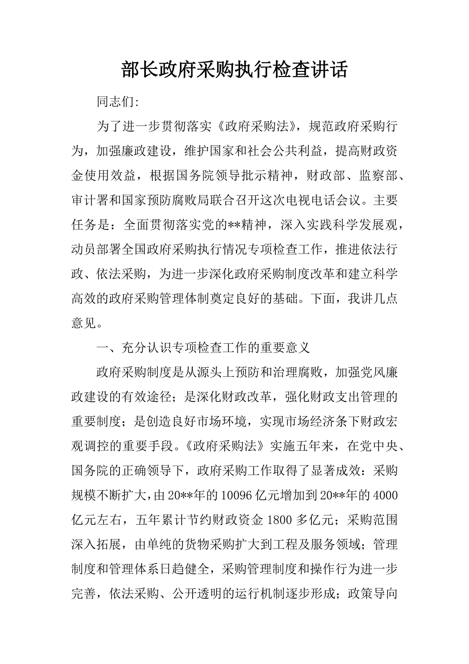 部长政府采购执行检查讲话.docx_第1页