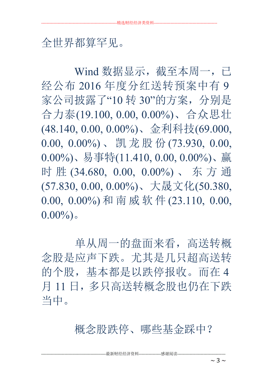 高送转概念股 周一批量跌停 这些基金不幸踩雷_第3页