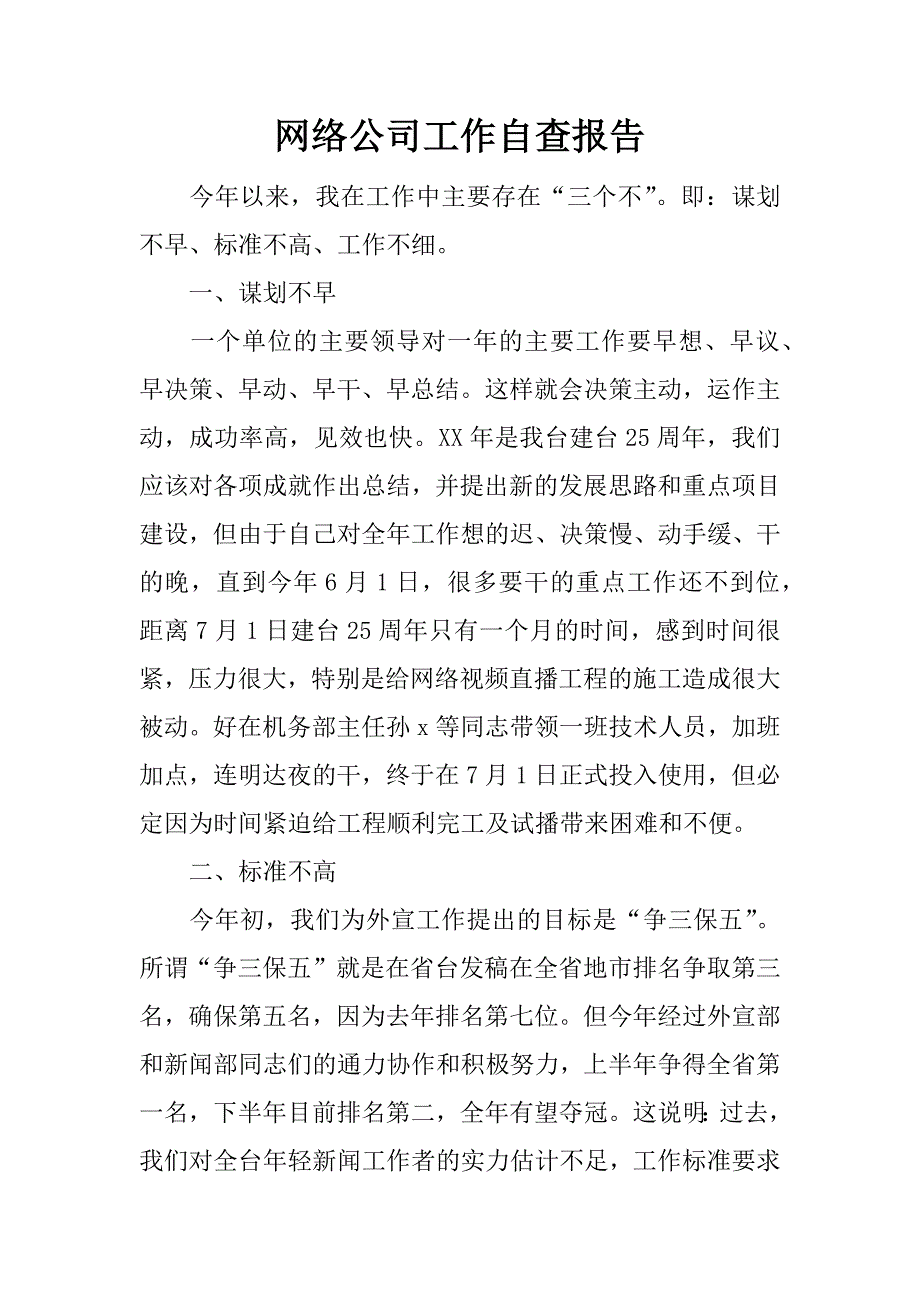 网络公司工作自查报告.docx_第1页