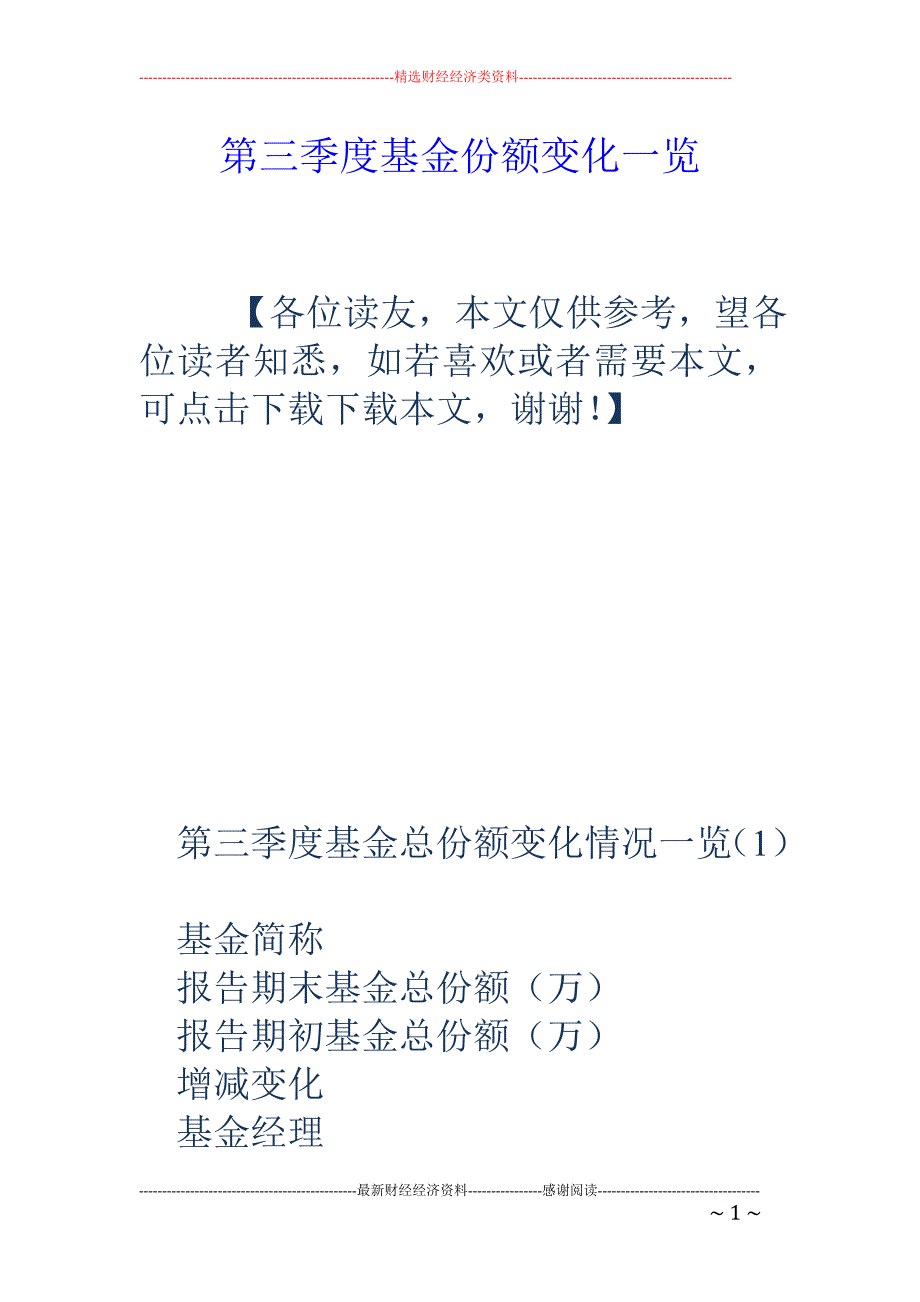 第三季度基金 份额变化一览_第1页