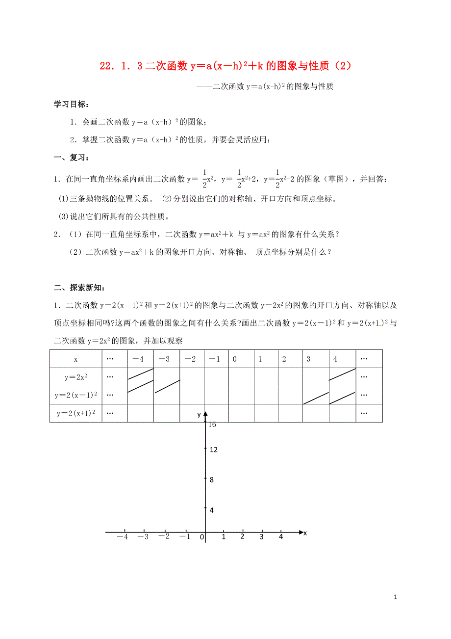 河北省南宫市九年级数学上册 第二十二章 二次函数 22.1 二次函数的图象和性质 22.1.3 二次函数y＝a（x－h）2＋k的图象与性质（二）学案（无答案）（新版）新人教版_第1页