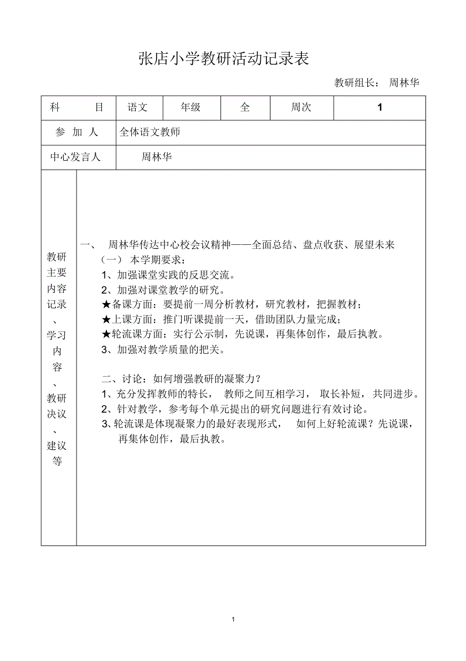 张店小学教研活动记录表_第1页