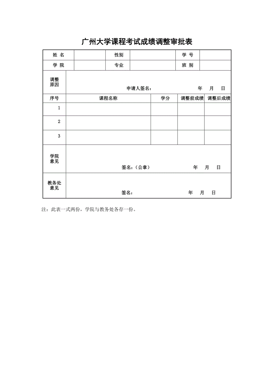 广州大学课程考试成绩调整审批表_第1页