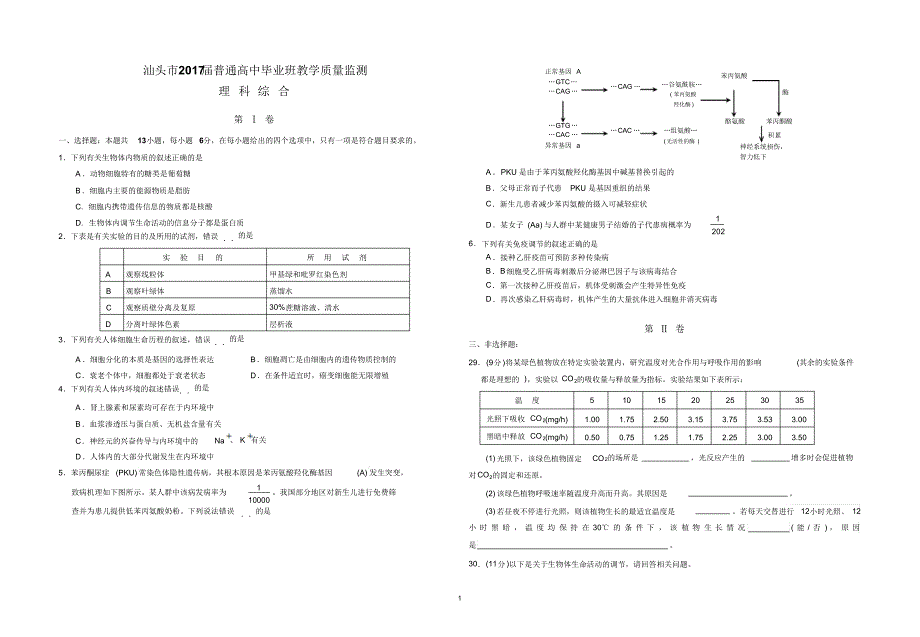 汕头市2017届普通高中毕业班教学质量监测(理综)_第1页