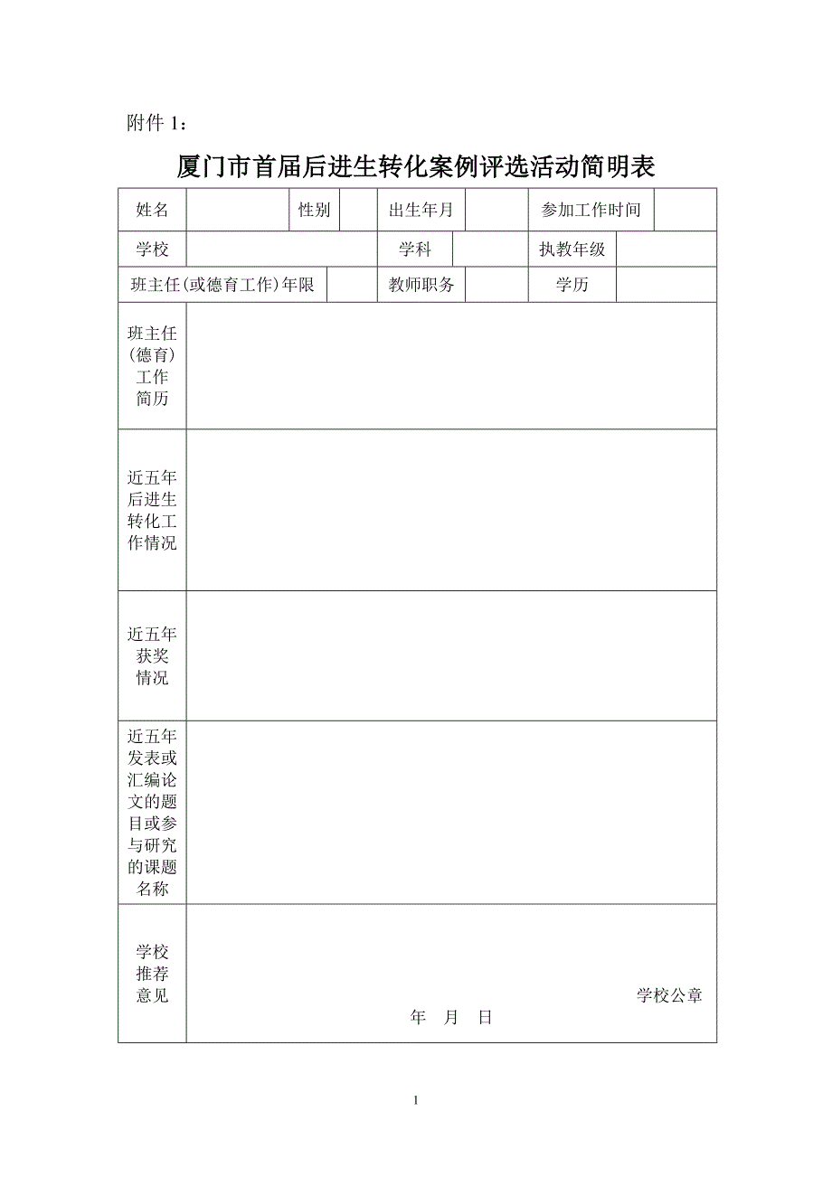 厦门市首届后进生转化案例评选活动简明表_第1页