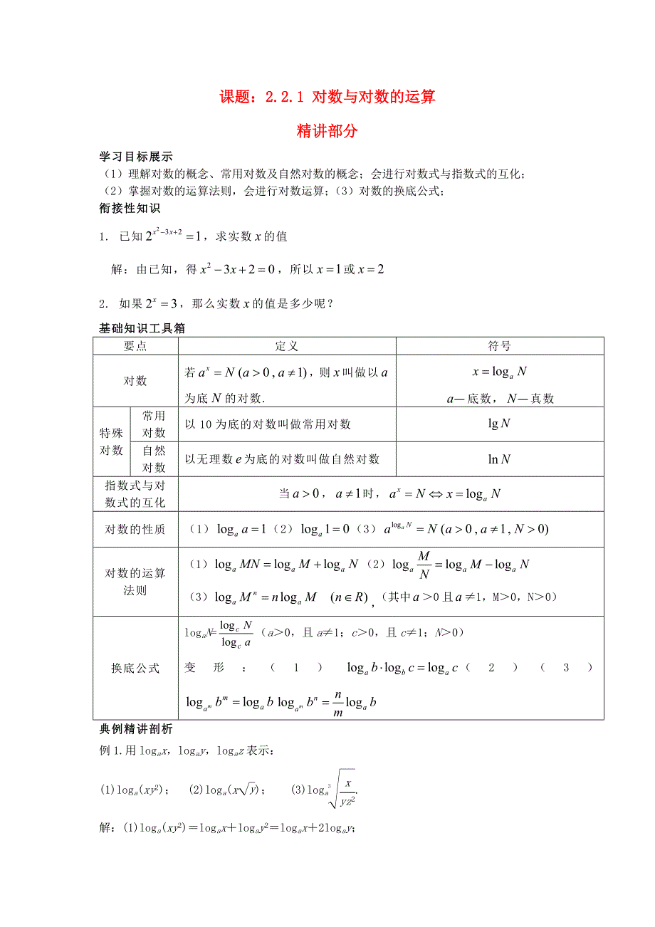 2016秋新人教a版高中数学必修一2.2.1《对数与对数的运算》word精讲精析_第1页