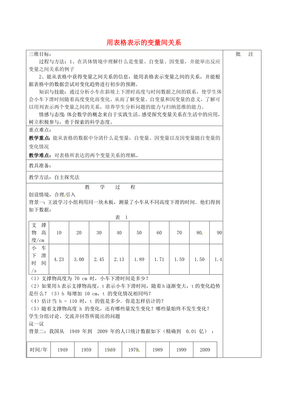 七年级数学下册《3.1 用表格表示的变量间关系》教学设计 （新版）北师大版_第1页