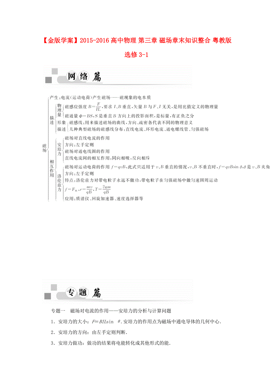 高中物理 第三章 磁场章末知识整合 粤教版选修3-1_第1页