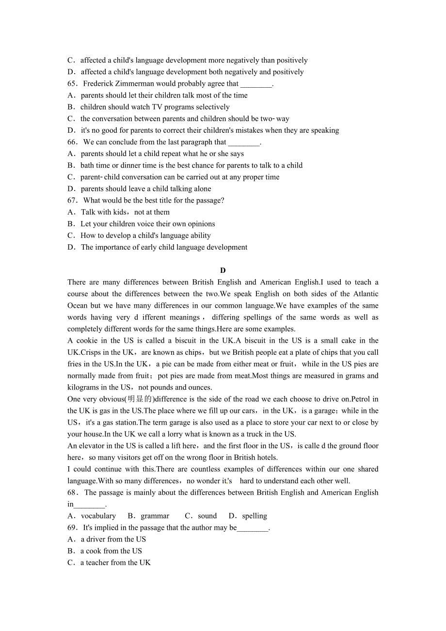 【精品练习】人教版高中英语必修一 unit 2 测试3_第5页