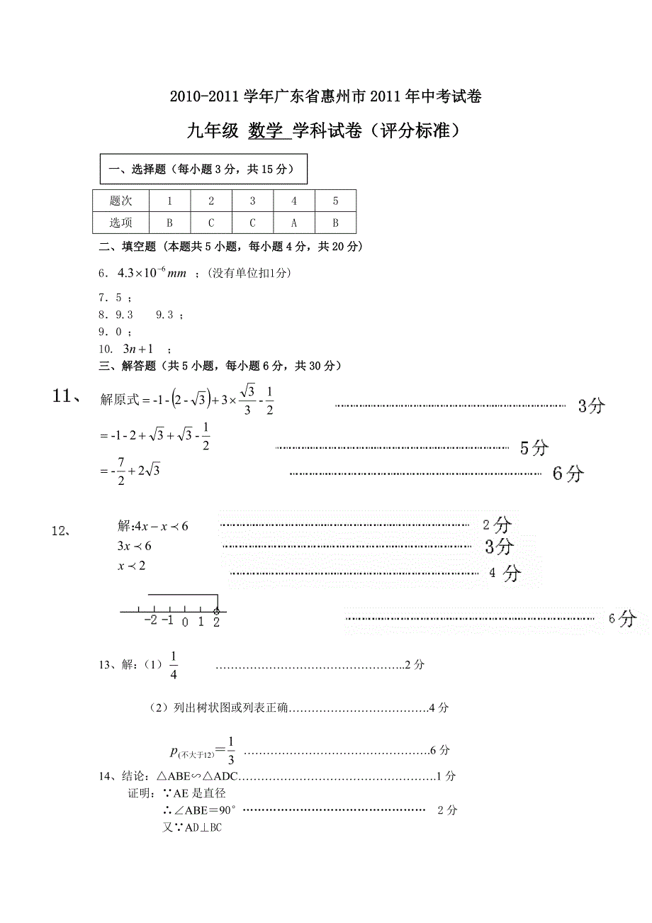 广东省惠州市2011年中考试卷评分标准_第1页