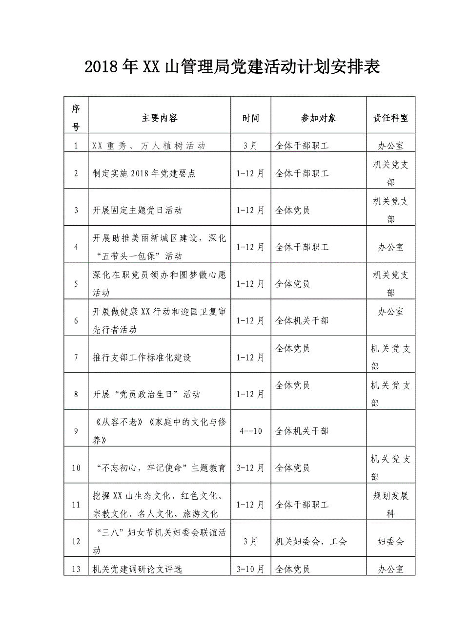 2018年XX山管理局党建活动计划安排表_第1页