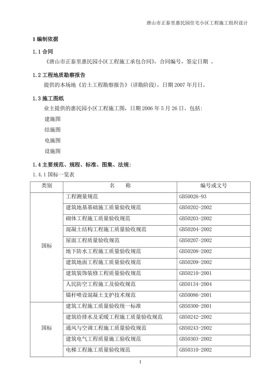 (唐山惠民园)施工组织设计_第1页