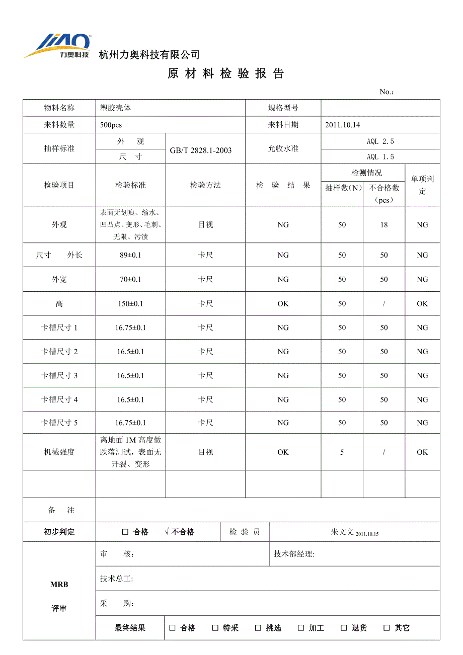 来料检验报告表格_第1页