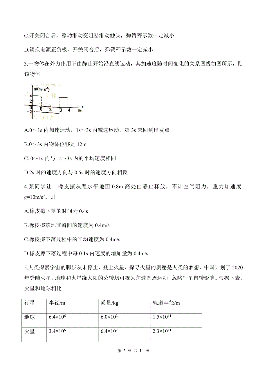 福建省百所重点校高三年上学期联合考试物理试卷&参考答案_第2页