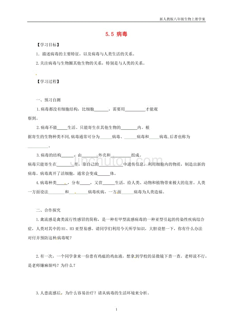 八年级生物上册5.5病毒学案人教版