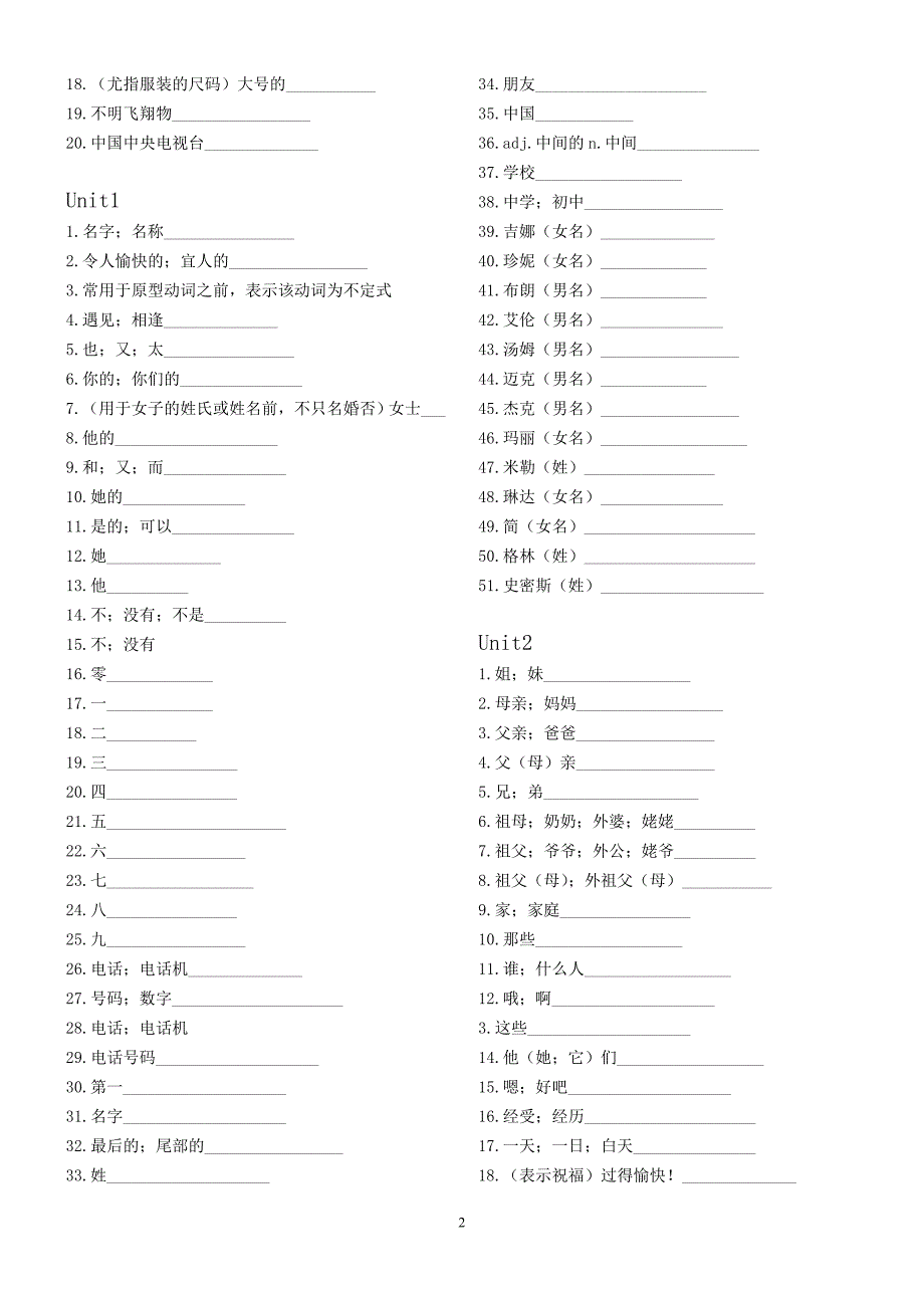 人教版七年级上册单词表默写版_第2页