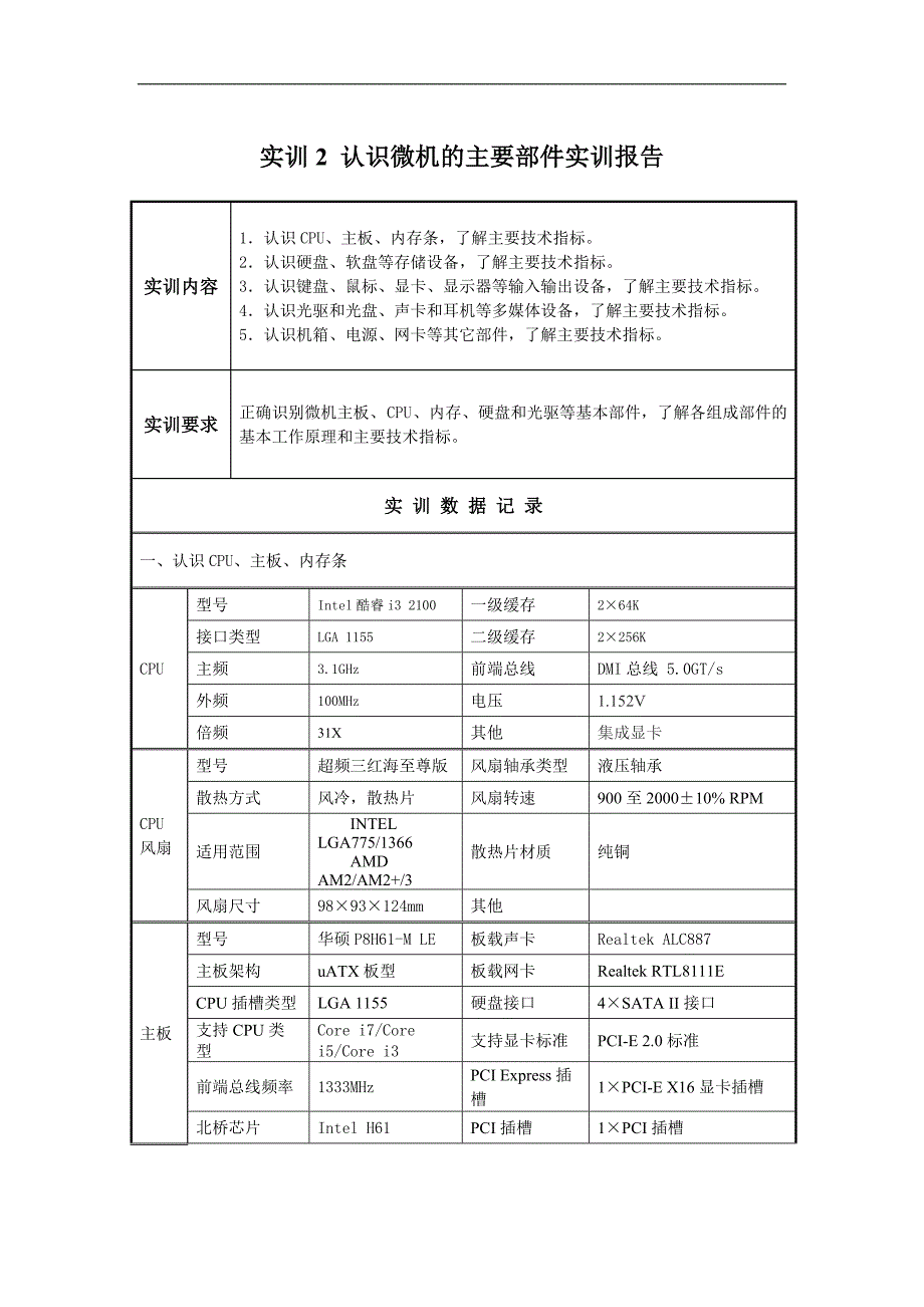 认识微机的主要部件实训报告_第1页