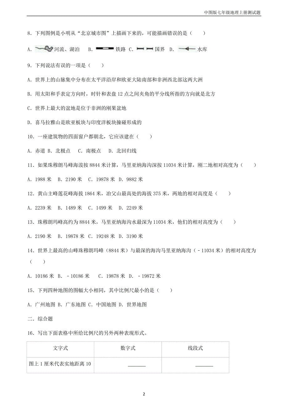 七年级地理上册第一章第2节地图同步测试题_第2页