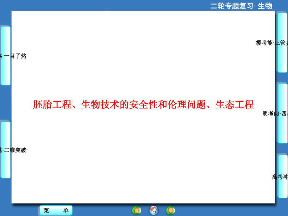2014年高考生物二轮专题突破课件胚胎工程生物技术的安全性和伦理问题生态工程_第1页