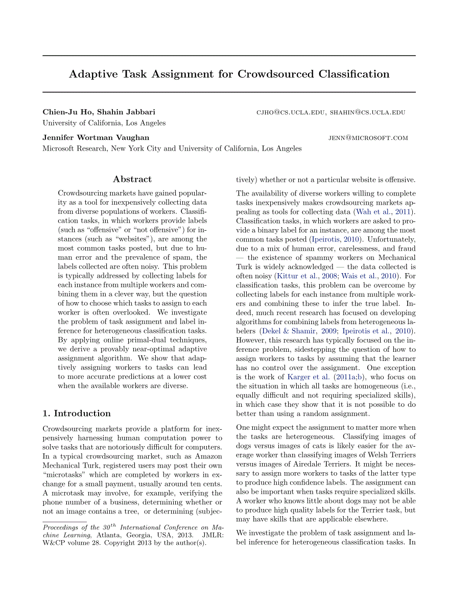 Adaptive Task Assignment for Crowdsourced Classification拥挤源分类的自适应任务分配_第1页